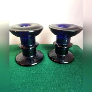 Vintage Pair Cobalt Blue Glass Candle Holders Blenko